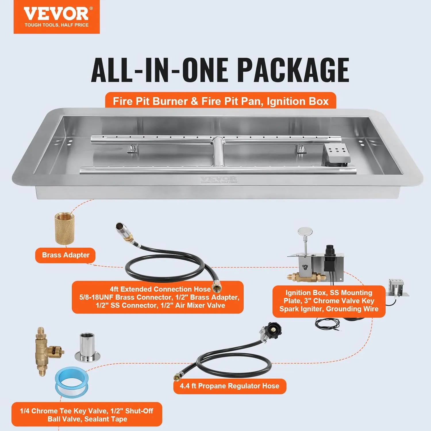 VEVOR 36 x 12 inch Drop-in Fire Pit Pan, Rectangular Stainless Steel Fire Pit Burner Kit, Propane Gas Fire Pan 150,000 BTU with H-Burner for Indoor or Outdoor Use