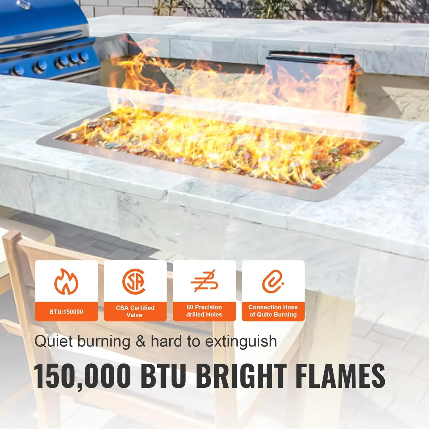 VEVOR 36 x 12 inch Drop-in Fire Pit Pan, Rectangular Stainless Steel Fire Pit Burner Kit, Propane Gas Fire Pan 150,000 BTU with H-Burner for Indoor or Outdoor Use