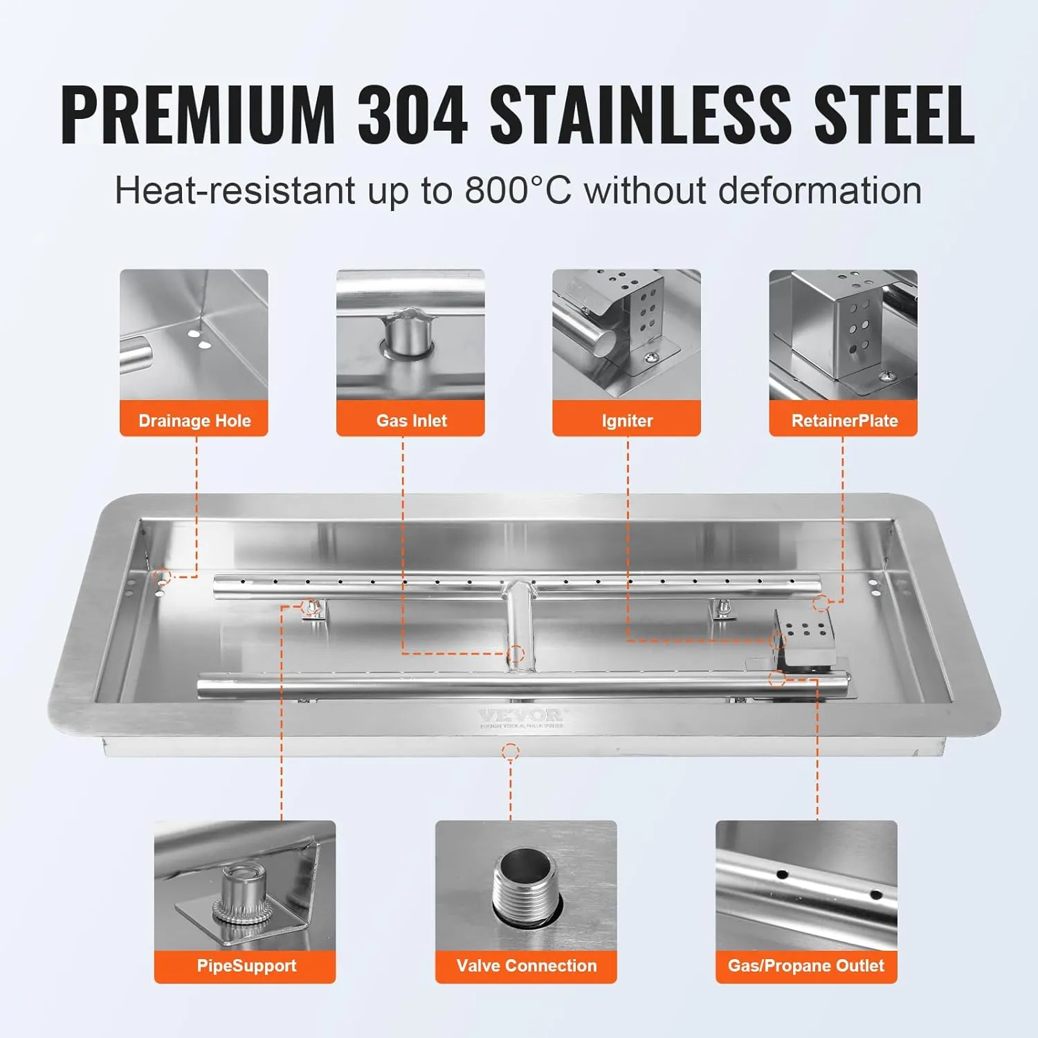 VEVOR 36 x 12 inch Drop-in Fire Pit Pan, Rectangular Stainless Steel Fire Pit Burner Kit, Propane Gas Fire Pan 150,000 BTU with H-Burner for Indoor or Outdoor Use