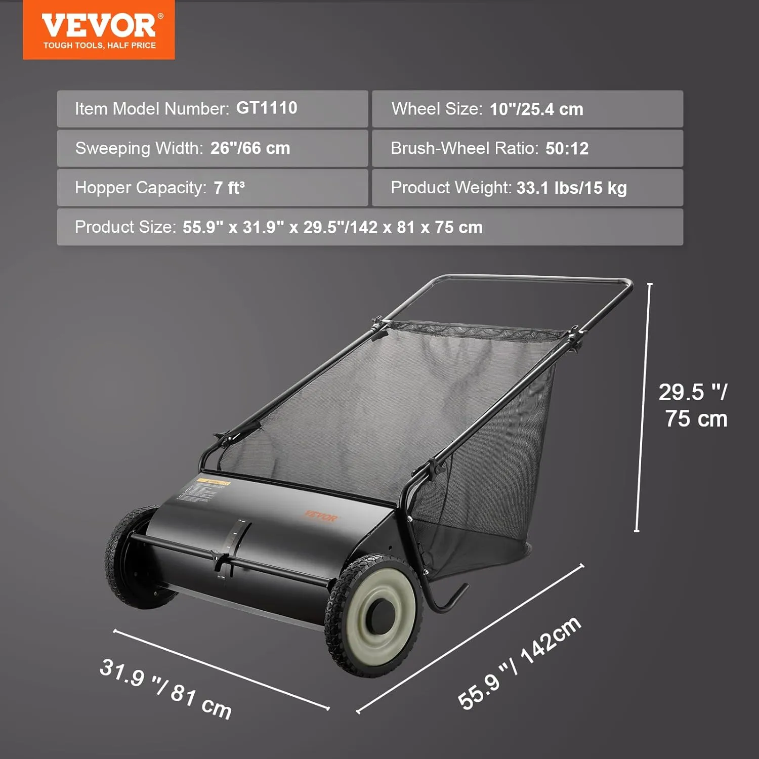 VEVOR Push Lawn Sweeper, 26 Inch Leaf & Grass Collector, Strong Rubber Wheels & Heavy Duty Thickened Steel Durable to Use with Large Capacity 7 ft³ Mesh Collection Bag, 4 Spinning Brushes