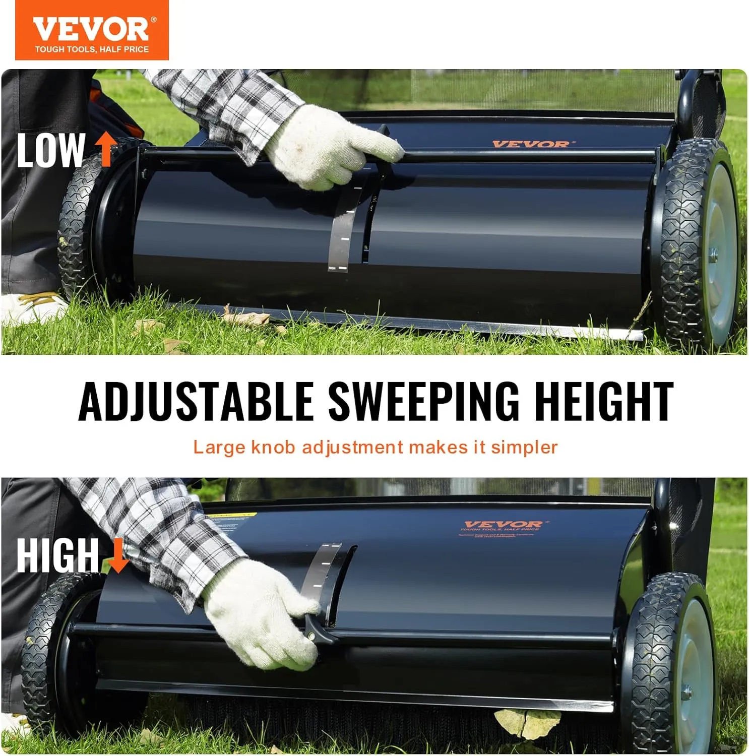 VEVOR Push Lawn Sweeper, 26 Inch Leaf & Grass Collector, Strong Rubber Wheels & Heavy Duty Thickened Steel Durable to Use with Large Capacity 7 ft³ Mesh Collection Bag, 4 Spinning Brushes