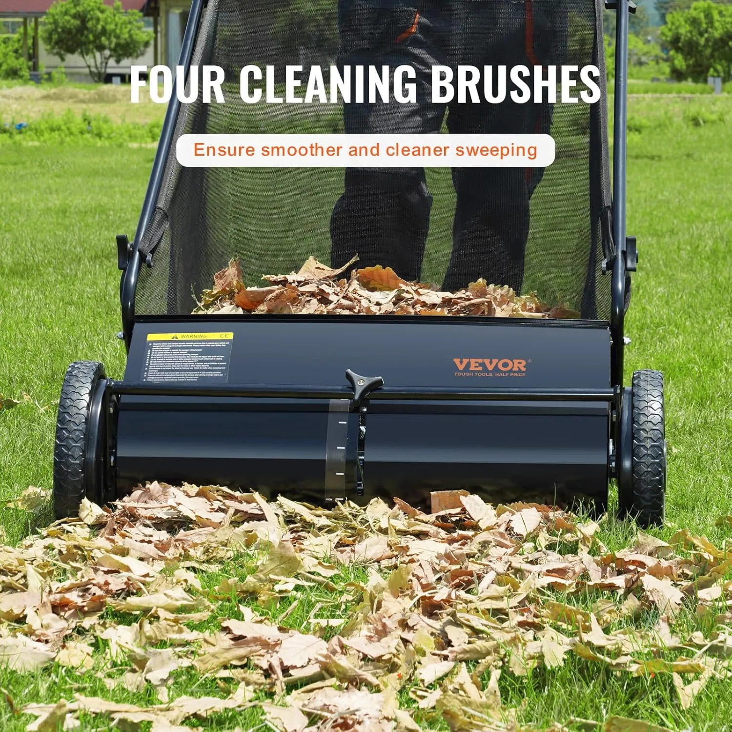 VEVOR Push Lawn Sweeper, 26 Inch Leaf & Grass Collector, Strong Rubber Wheels & Heavy Duty Thickened Steel Durable to Use with Large Capacity 7 ft³ Mesh Collection Bag, 4 Spinning Brushes