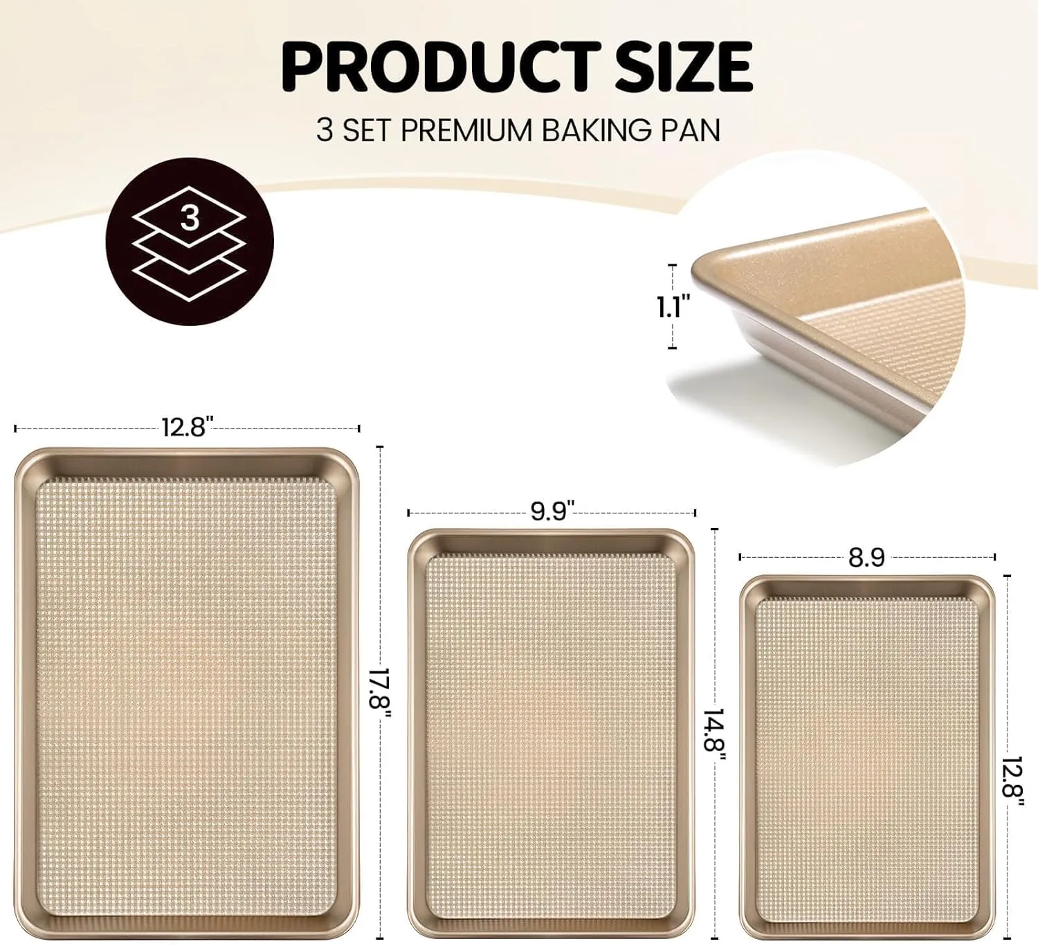 Vinino Baking Sheet Set of 3, Cookie Sheets For Baking with Square Texture Pattern, Thicker Carbon Steel Non-stick Baking Pan Half/Quarter/Jelly Roll Pans Tray for Oven