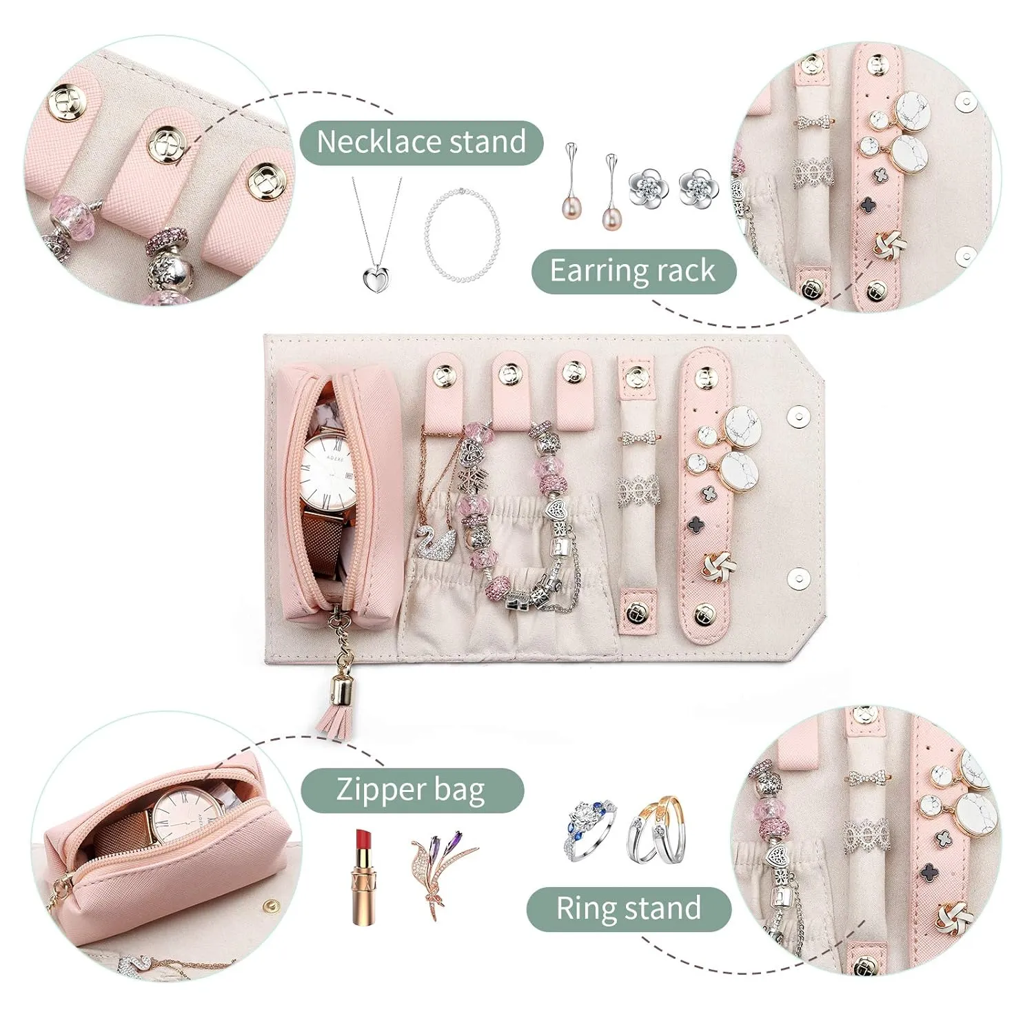 Vlando 1 Set of Makeup Bag and Jewelry Roll Bag,PU Leather Travel Bag Pink