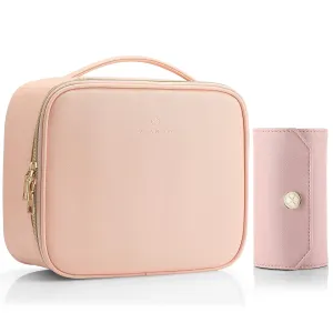 Vlando 1 Set of Makeup Bag and Jewelry Roll Bag,PU Leather Travel Bag Pink