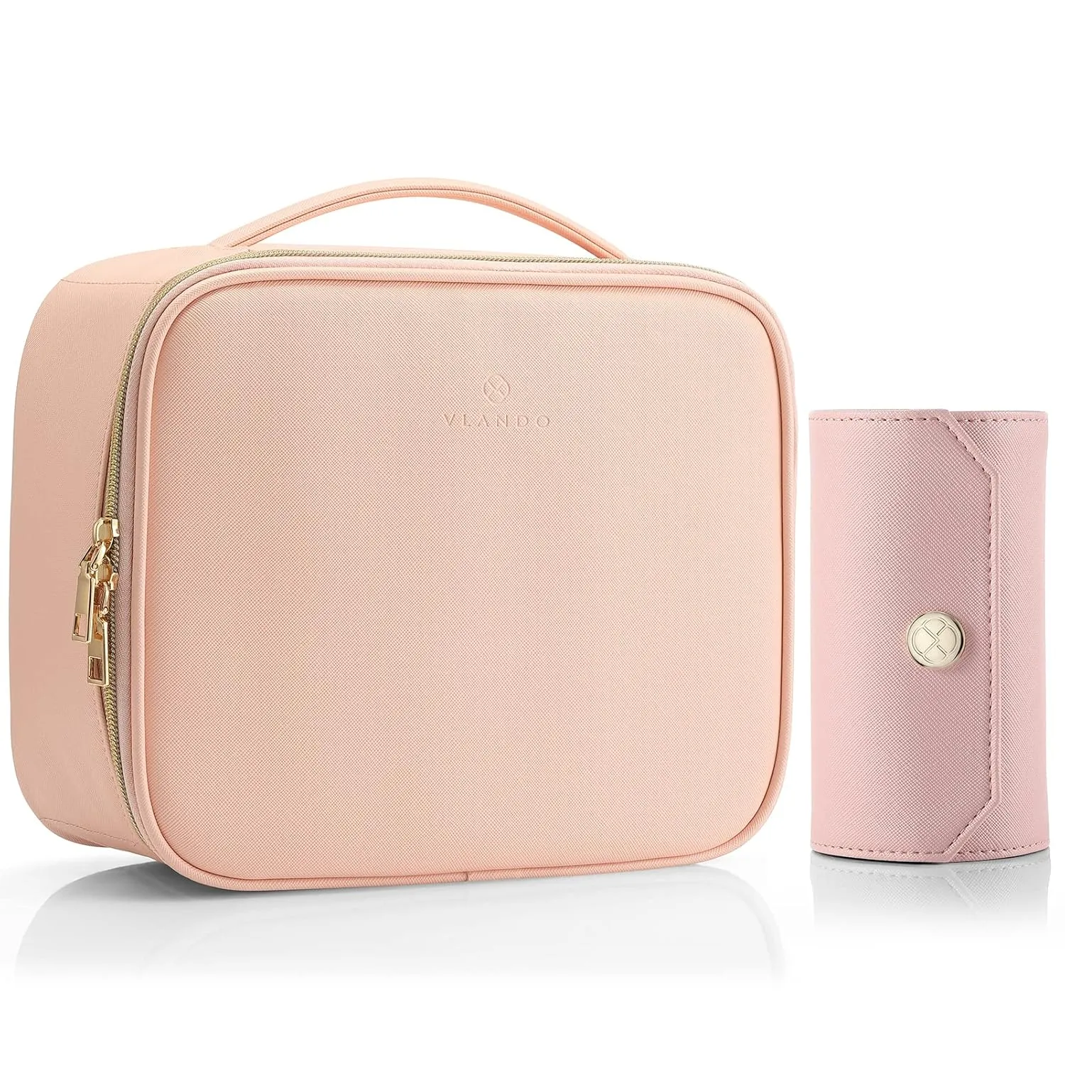 Vlando 1 Set of Makeup Bag and Jewelry Roll Bag,PU Leather Travel Bag Pink