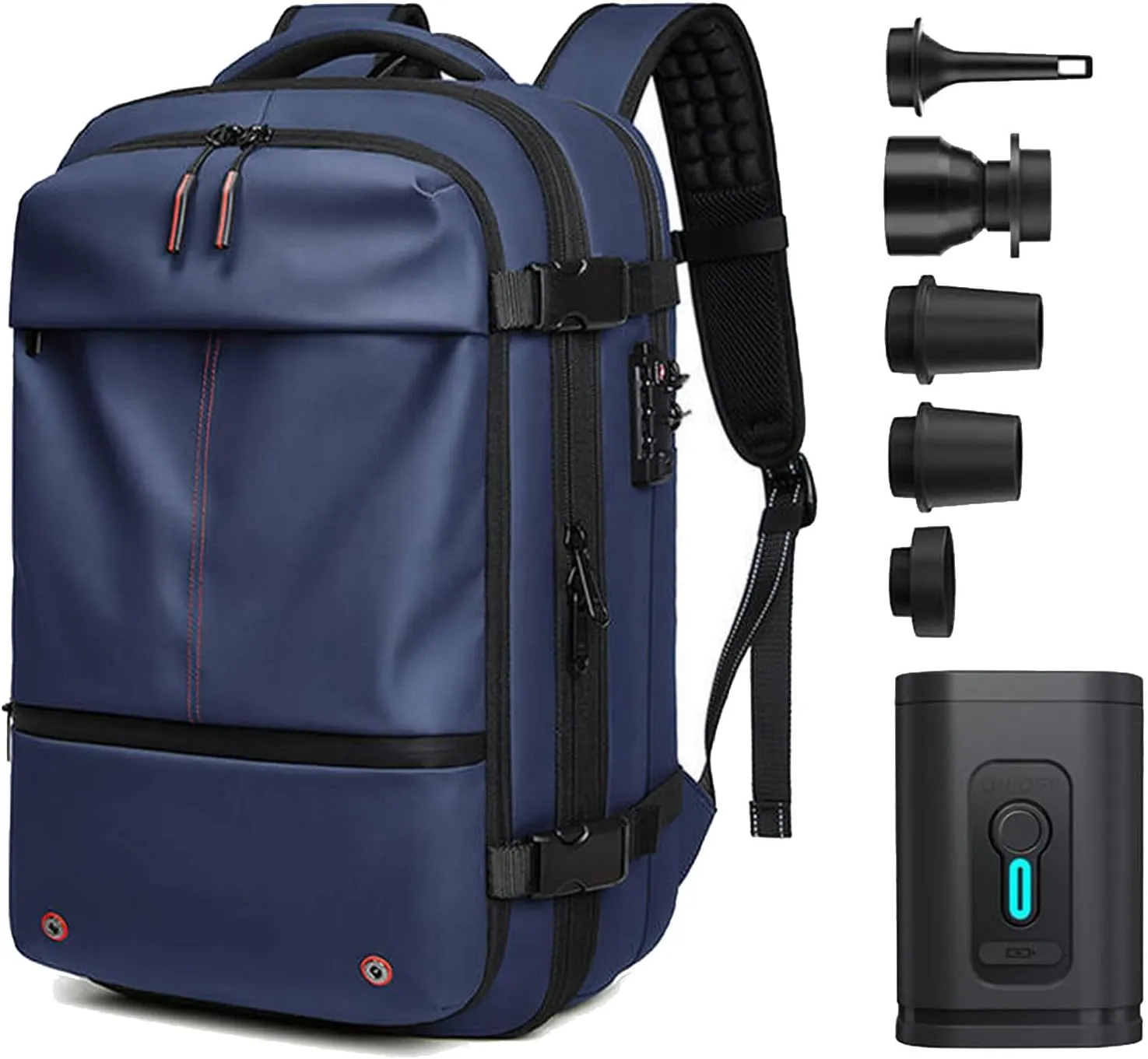 VoyageVac Backpack with Pump, Expandable Vacuum Backpack Travel Water Resistant for Hiking, Airplane, Weekend Trips (Blue, Standard)