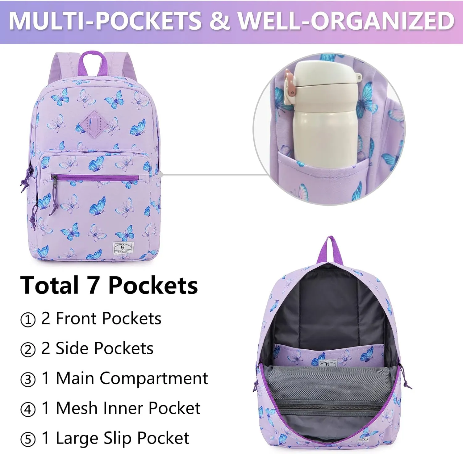VX VONXURY School Backpack for Men Women,Lightweight Classic Basic Bookbag Simple Kids Black Backpack for College Travel