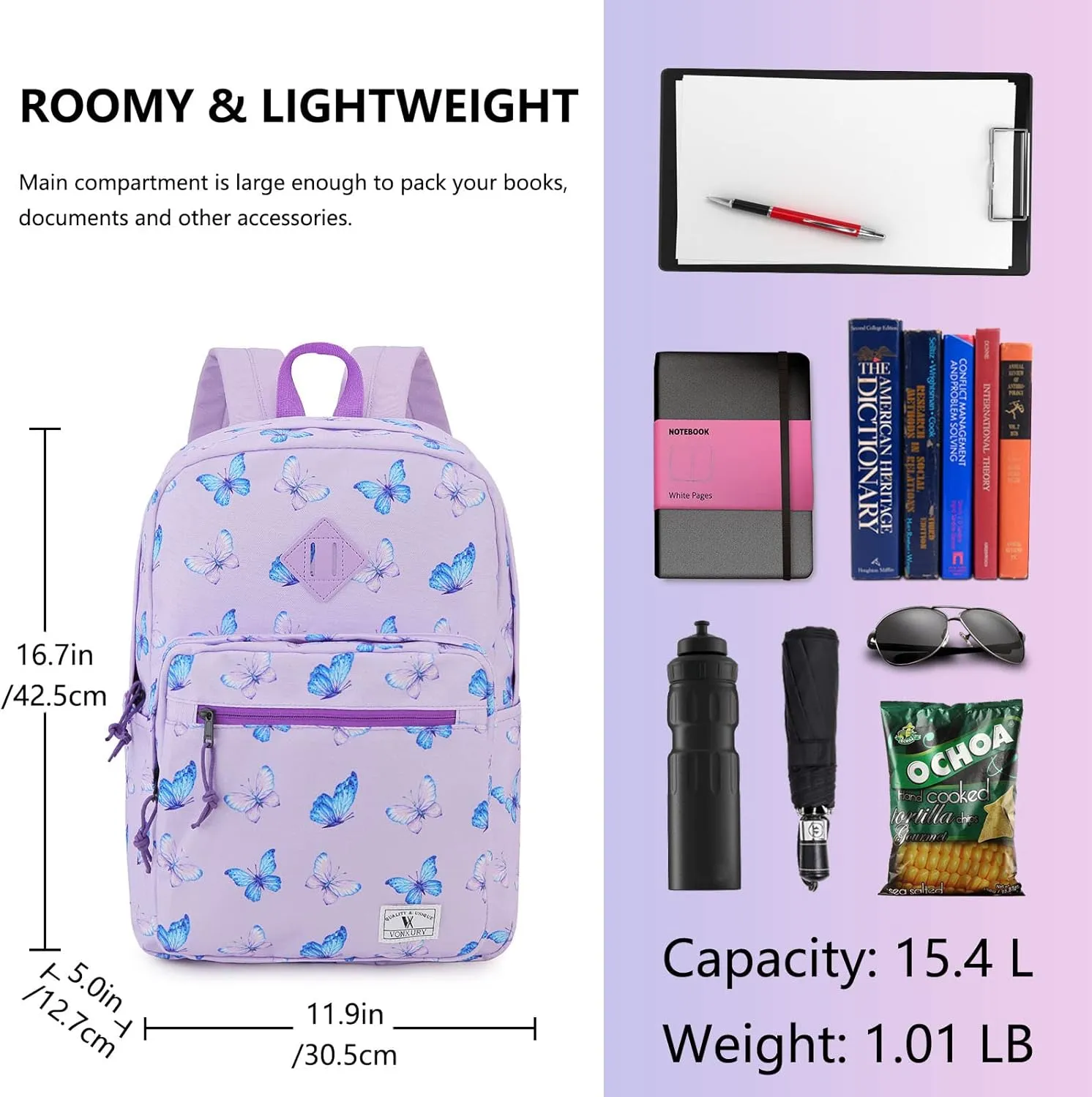 VX VONXURY School Backpack for Men Women,Lightweight Classic Basic Bookbag Simple Kids Black Backpack for College Travel