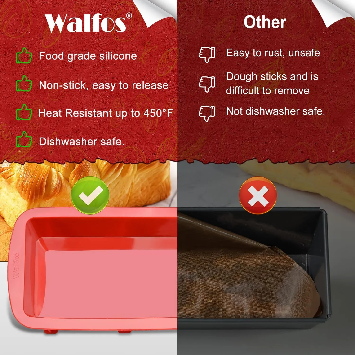 Walfos Silicone Bread Loaf Pan, 9 x 5 inch Non-Stick Silicone Loaf Pans For Baking Set of 2, Perfect For Bread, Cake, Meatloaf, Dishwasher Safe