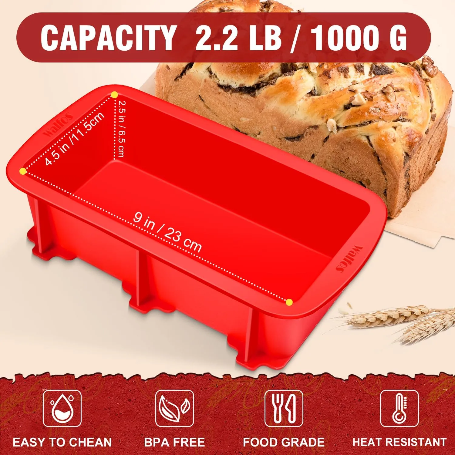 Walfos Silicone Bread Loaf Pan, 9 x 5 inch Non-Stick Silicone Loaf Pans For Baking Set of 2, Perfect For Bread, Cake, Meatloaf, Dishwasher Safe