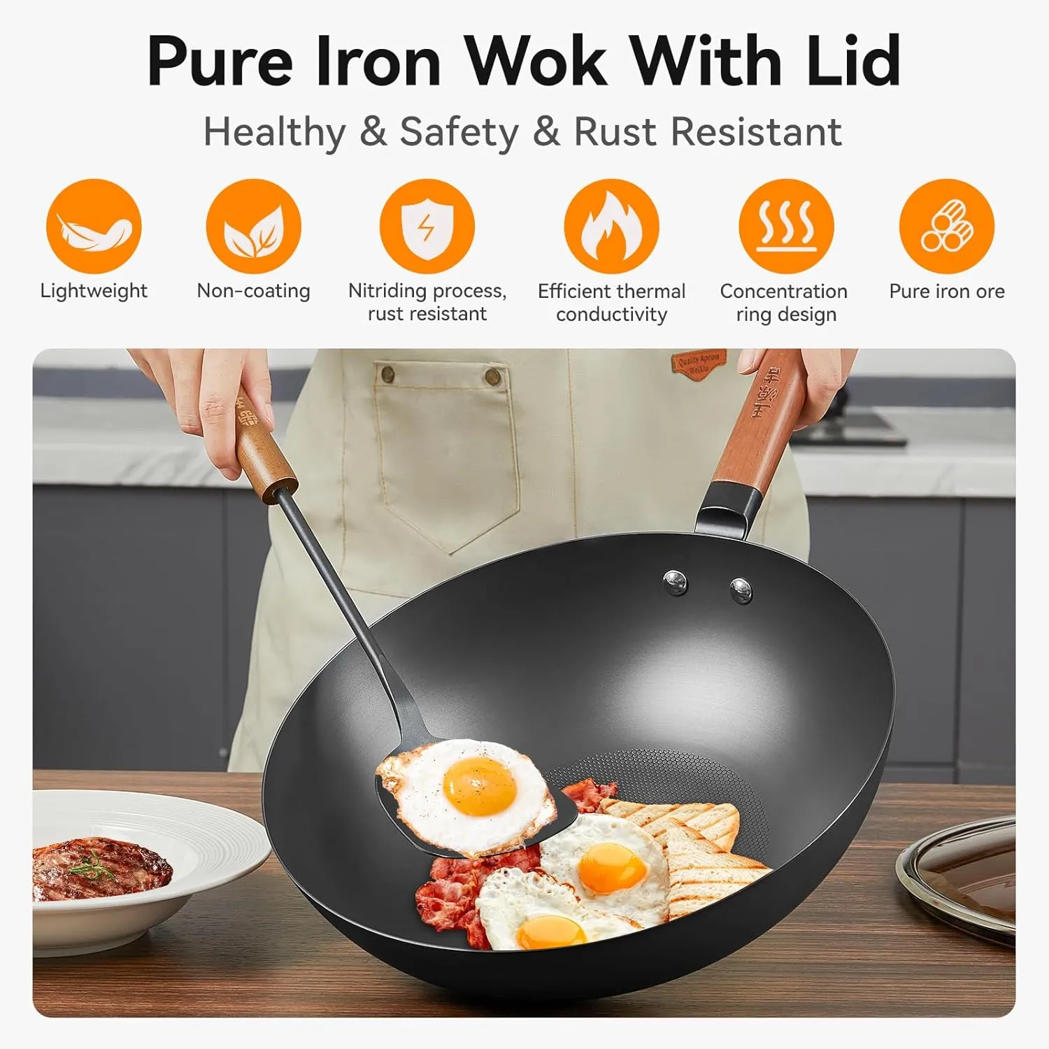WANGYUANJI Iron Wok 12.6 inches,Wooden Handle Chinese Iron Pot Carbon Steel Wok Non-Coated Stir Fry Pan,Suitable for Home Cooking, Compatible with Induction, Gas, and Electric Ceramic Cooktops