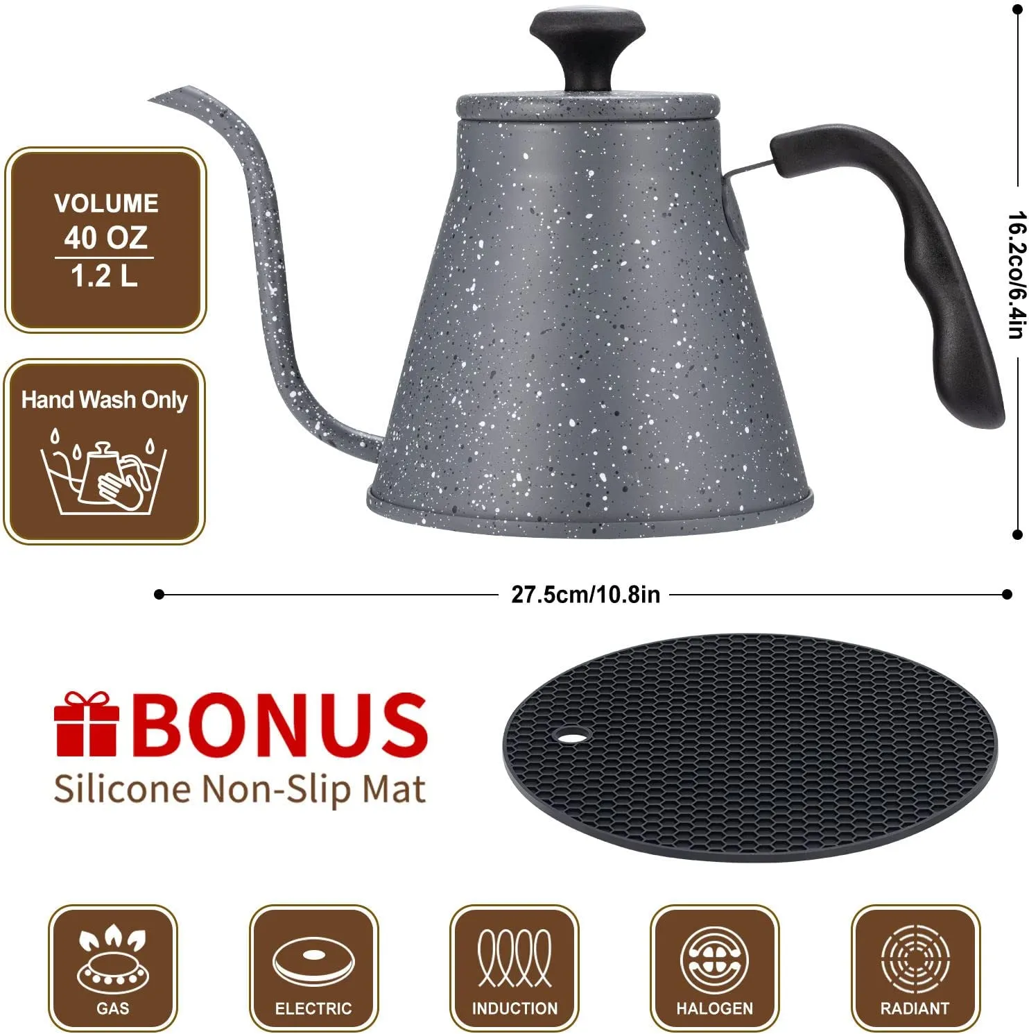 WENEGG Gooseneck Kettle for All Stovetops - 40oz/1.2L Coffee Kettle with Optimal Spout and Built-In Thermometer Pour Over Kettle with Premium Food Grade Stainless Steel for Health Protection