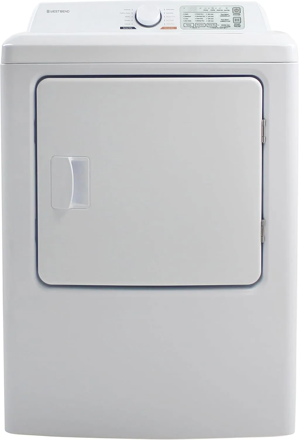 West Bend Vented Gas Dryer Front Load Clothes Drying Machine, 10 Automatic Cycles and 4 Temperature Settings and Dry Levels with LED Display Reversible Door and Rear or Side Venting, 7 Cu.Ft., White
