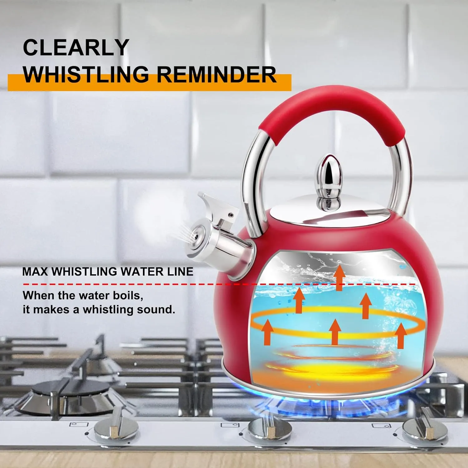 Whistling Tea Kettle for Stove Top Stainless Steel Tea Pot with Ergonomic Silicone Handle Teapot for Stovetop 3.2 Quart / 3 Liter Red