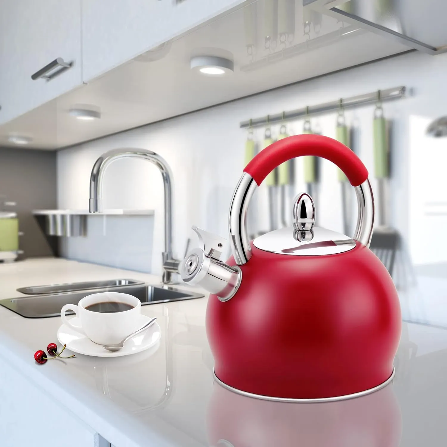Whistling Tea Kettle for Stove Top Stainless Steel Tea Pot with Ergonomic Silicone Handle Teapot for Stovetop 3.2 Quart / 3 Liter Red