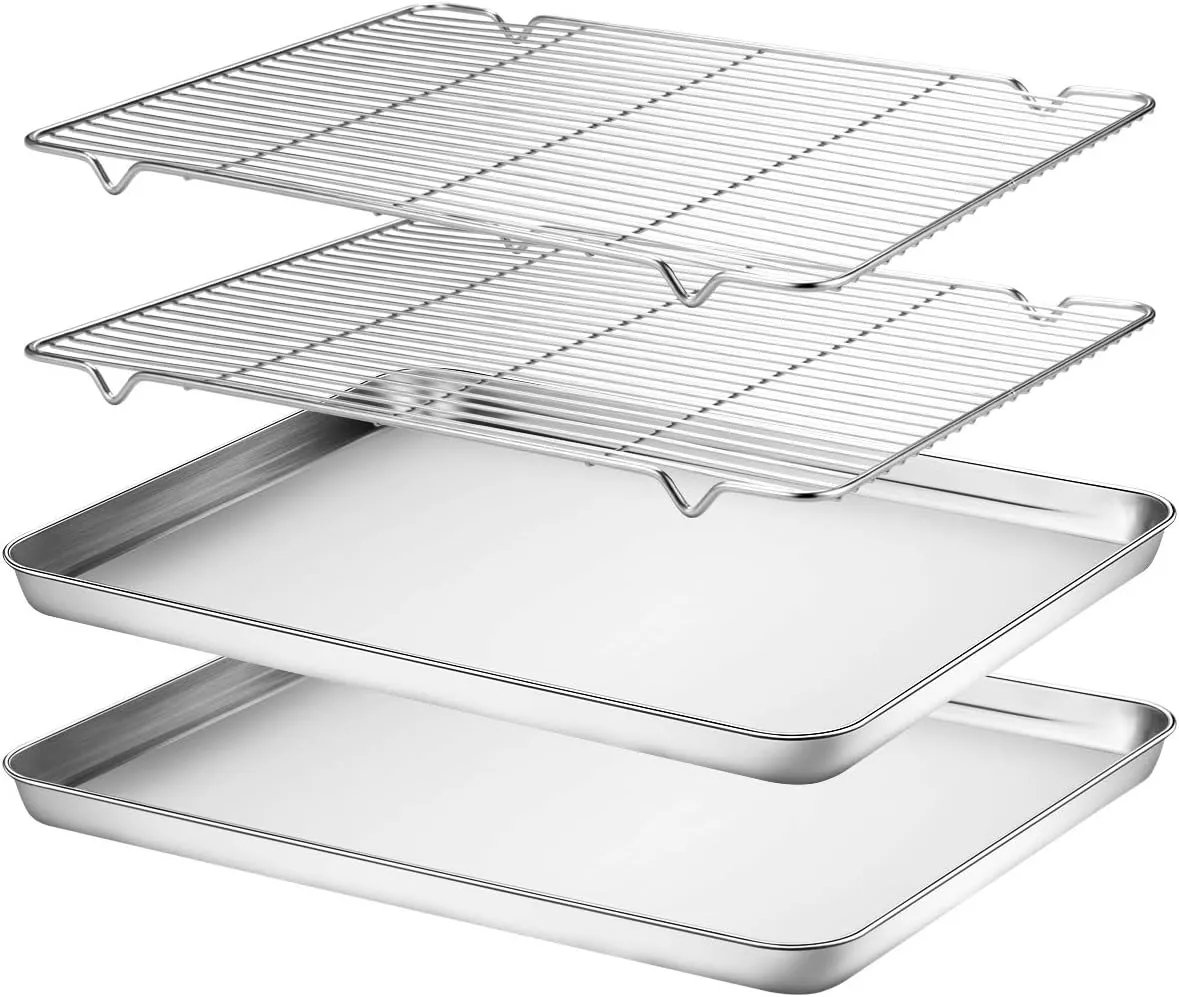 Wildone Baking Sheet & Rack Set [2 Sheets   2 Racks], Stainless Steel Cookie Pan with Cooling Rack, Size 16 x 12 x 1 Inch, Non Toxic & Heavy Duty & Easy Clean