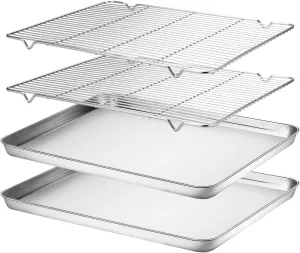 Wildone Baking Sheet & Rack Set [2 Sheets   2 Racks], Stainless Steel Cookie Pan with Cooling Rack, Size 16 x 12 x 1 Inch, Non Toxic & Heavy Duty & Easy Clean