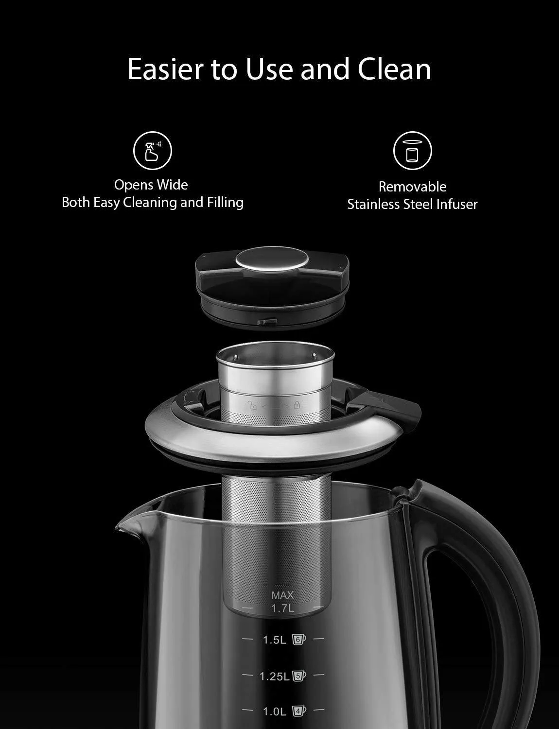 Willsence Electric Kettle, Electric Tea Kettle Stainless Steel Glass Boiler Hot Water Tea Heater with Temperature Control LCD Display, Removable Tea Infuser, 1.7 L, 1200W