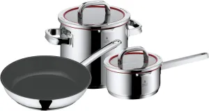 WMF Cromargan 760336380 Set of 3 Pans 4 Functions, Scale on Inside, Lid with 4 Pouring Functions, Made in Germany, Glass Lid, Stainless Steel, Suitable for Induction Cookers, Dishwasher Safe