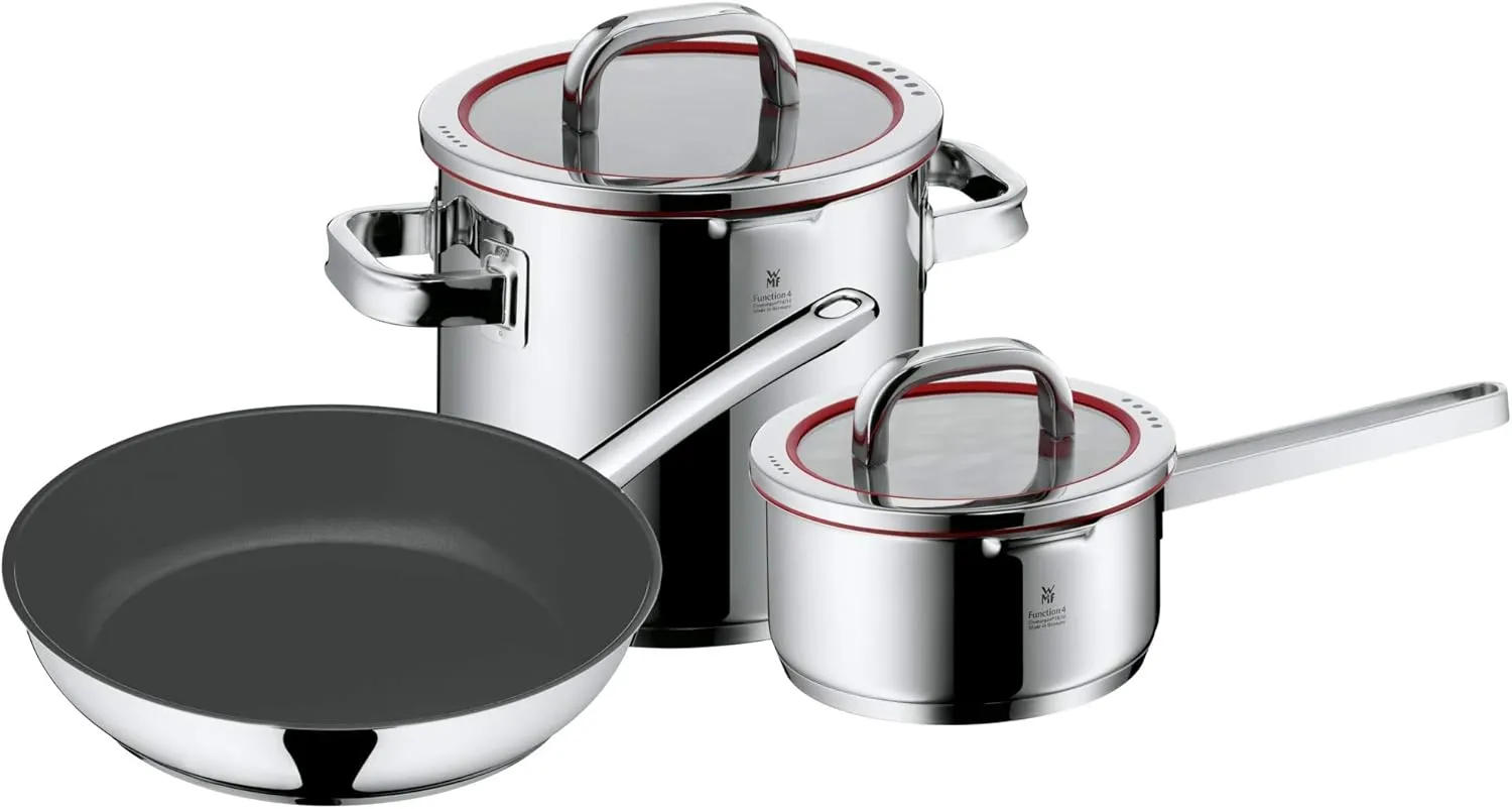 WMF Cromargan 760336380 Set of 3 Pans 4 Functions, Scale on Inside, Lid with 4 Pouring Functions, Made in Germany, Glass Lid, Stainless Steel, Suitable for Induction Cookers, Dishwasher Safe