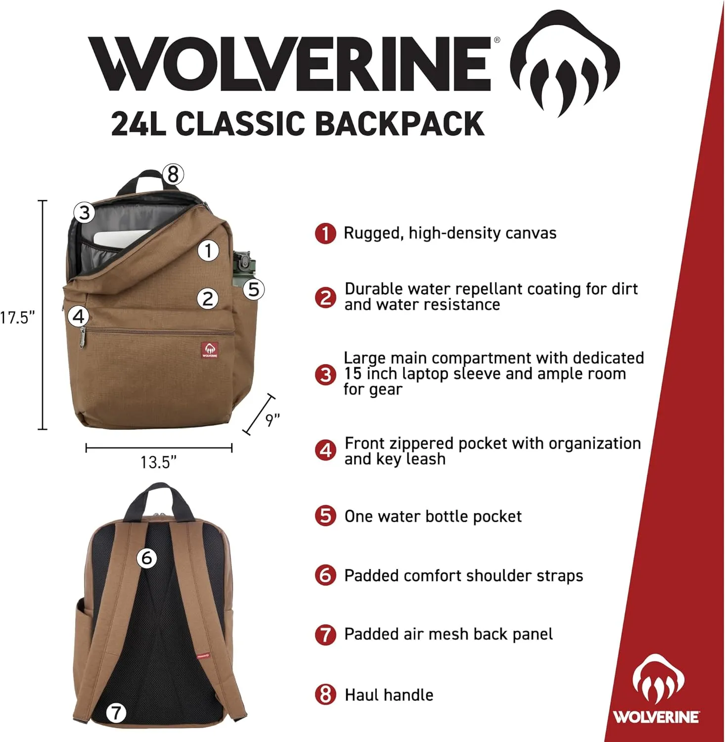 WOLVERINE Lightweight, Water Resistant Rugged Laptop Backpack for Travel or Work, Classic-Olive, 24L