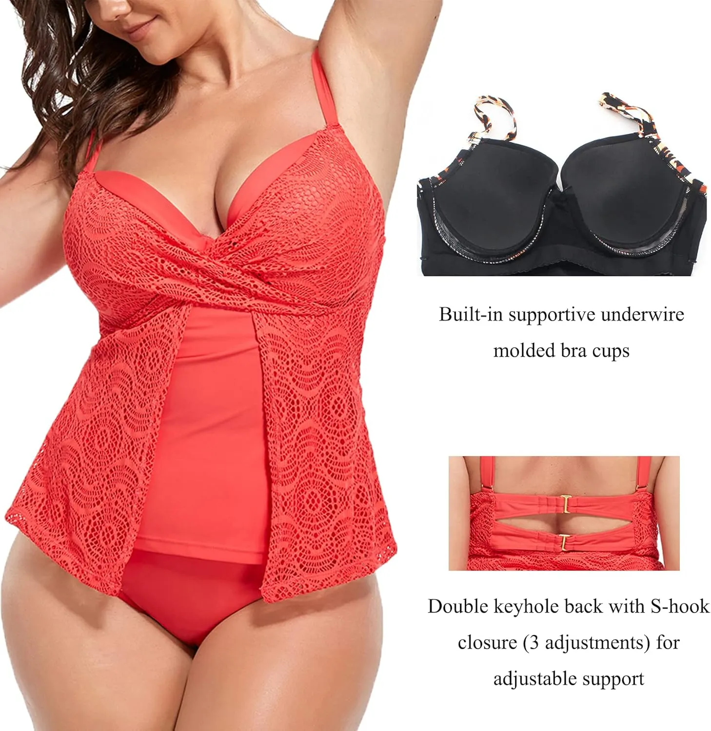 Women's Plus Size Tankini Top Fashion Swimwear Tops Underwire Bathing Tops Tummy Control（No Bottom）