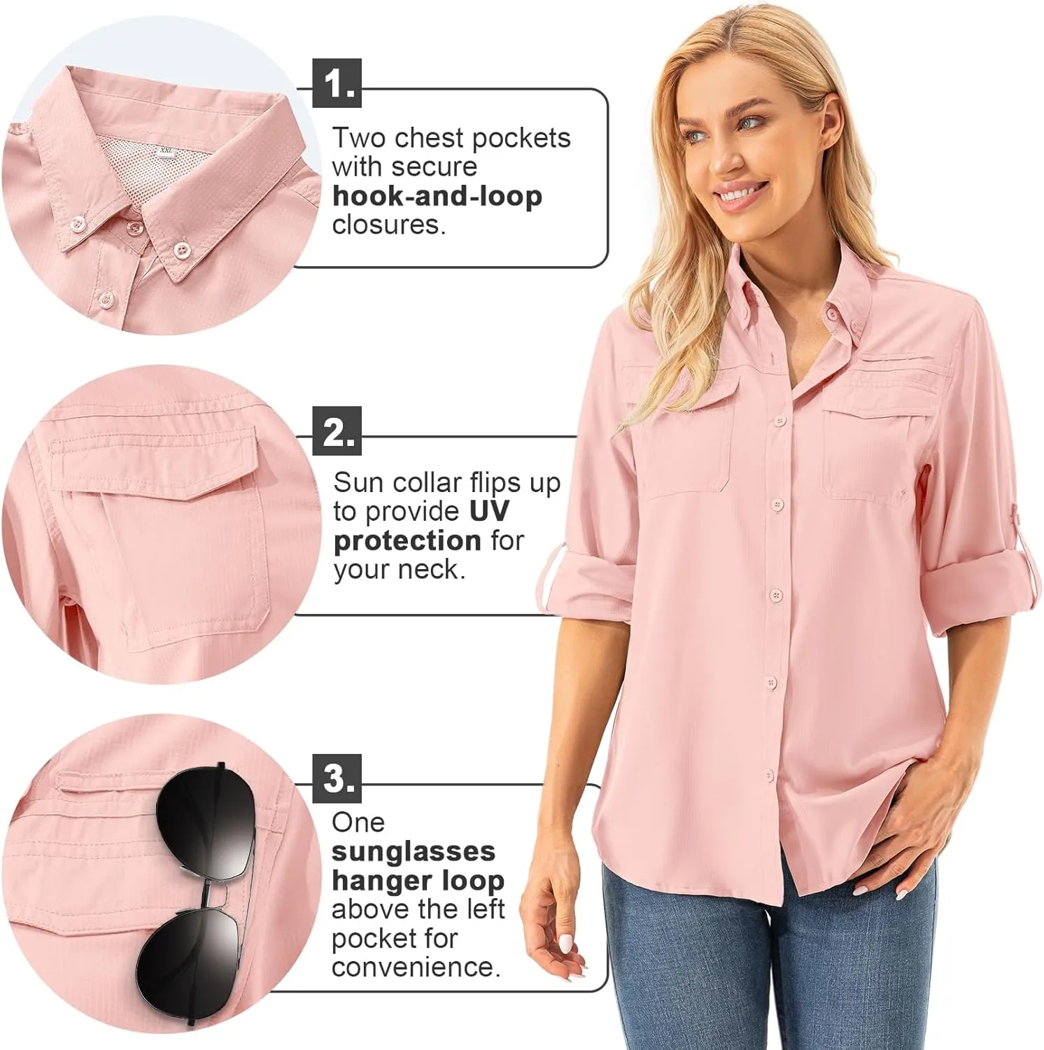 Womens Safari Sun Shirts UPF 50  UV Sun Protection Long Sleeve Outdoor Quick Dry Fishing Hiking Gardening Shirts