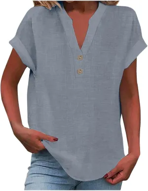 Women's T-Shirts 2025 Summer Trendy Cotton Roll-Up Sleeve Shirts Dressy Casual Button V Neck Blouse Loose Gauze Top