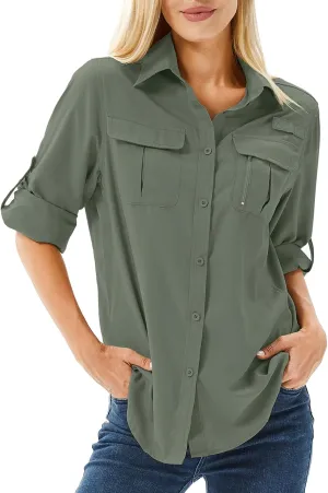 Women's UPF 50 Long Sleeve UV Sun Protection Safari Shirts Outdoor Quick Dry Fishing Hiking Travel Shirts