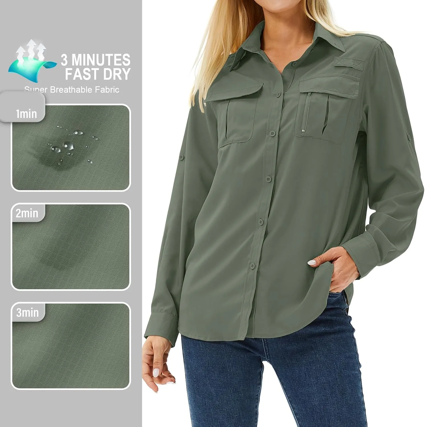 Women's UPF 50 Long Sleeve UV Sun Protection Safari Shirts Outdoor Quick Dry Fishing Hiking Travel Shirts