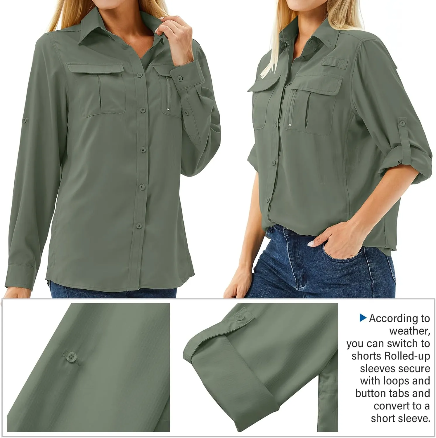 Women's UPF 50 Long Sleeve UV Sun Protection Safari Shirts Outdoor Quick Dry Fishing Hiking Travel Shirts