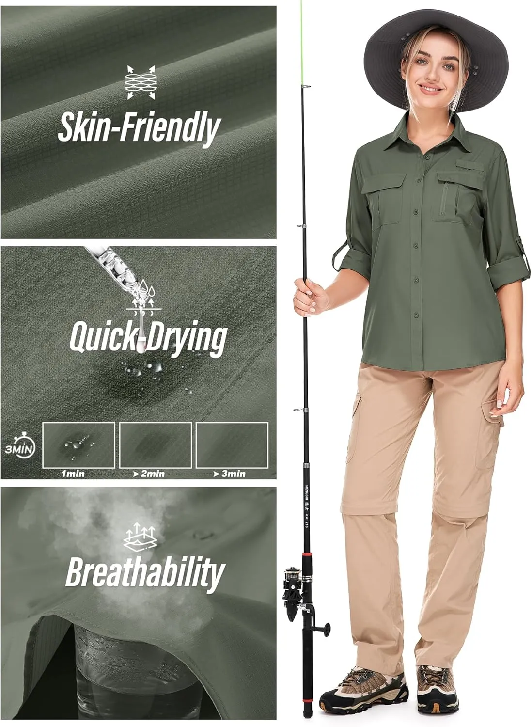 Women's UPF 50 Long Sleeve UV Sun Protection Safari Shirts Outdoor Quick Dry Fishing Hiking Travel Shirts