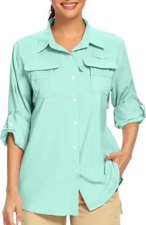 Women's UPF 50  UV Sun Protection Safari Shirt, Long Sleeve Outdoor Cool Quick Dry Fishing Hiking Gardening Shirts