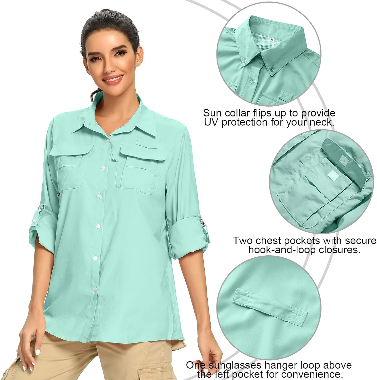 Women's UPF 50  UV Sun Protection Safari Shirt, Long Sleeve Outdoor Cool Quick Dry Fishing Hiking Gardening Shirts