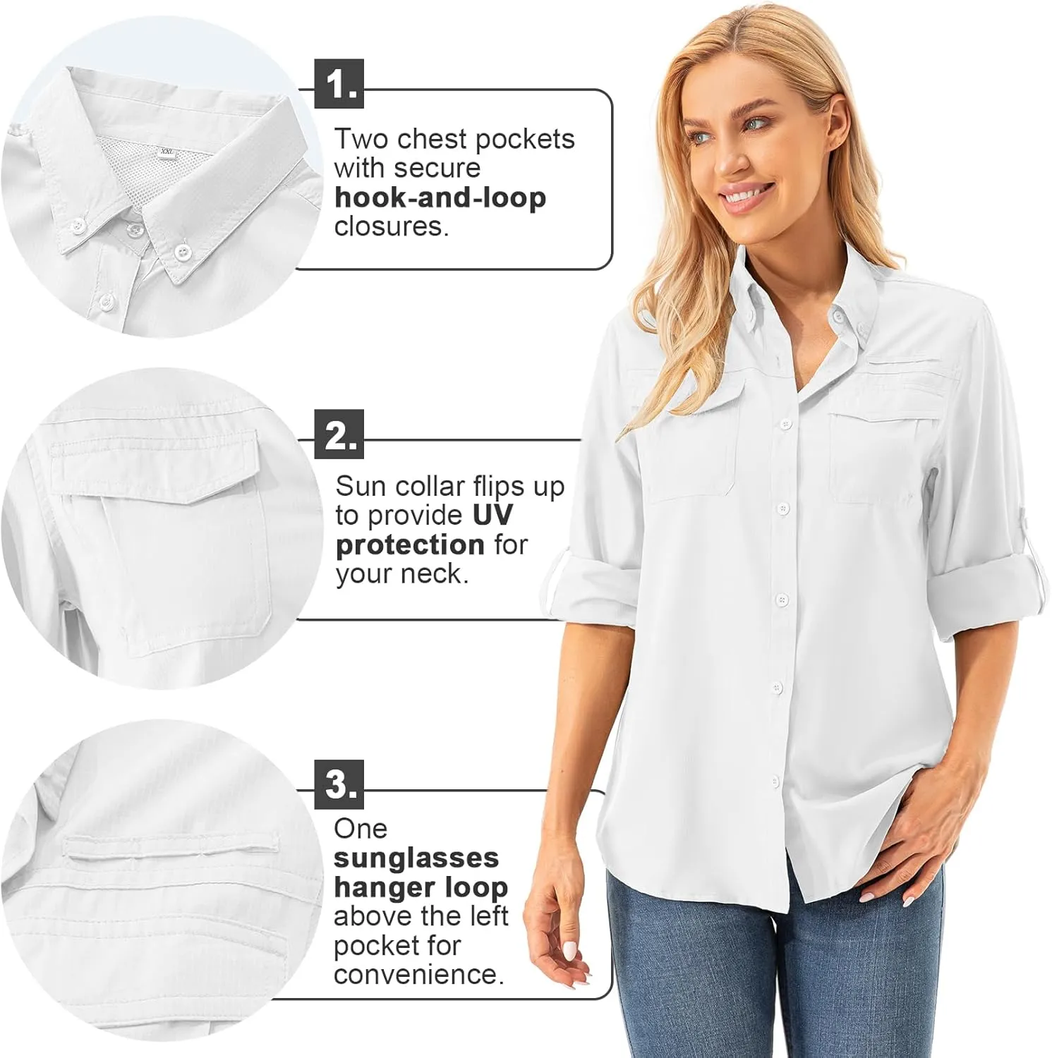 Womens UPF 50  UV Sun Protection Safari Shirts Long Sleeve Outdoor Cool Quick Dry Fishing Hiking Gardening Shirts