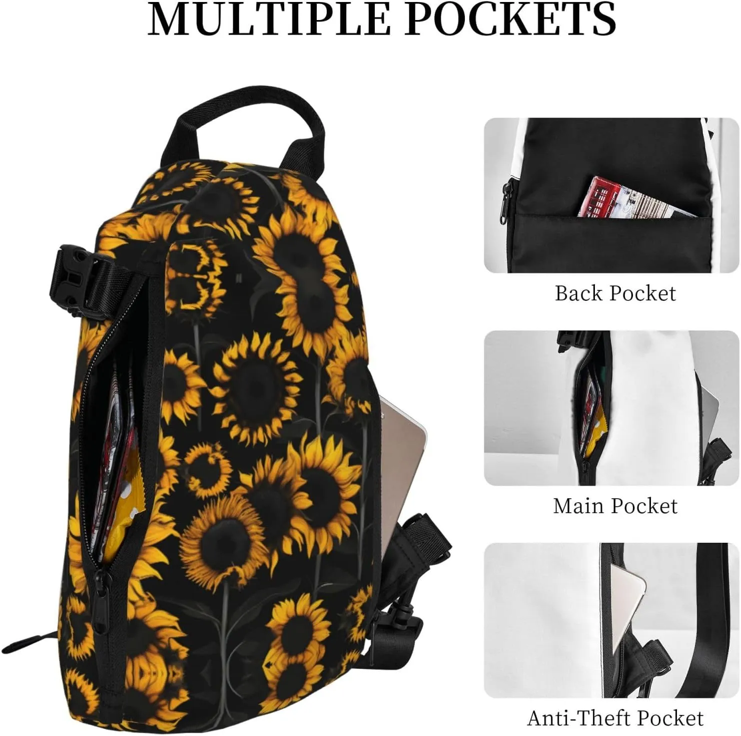 WURTON Sunflower Blooming Flowers Plants Print Crossbody Backpack Cross Pack Lightweight Sling Bag Travel, Hiking