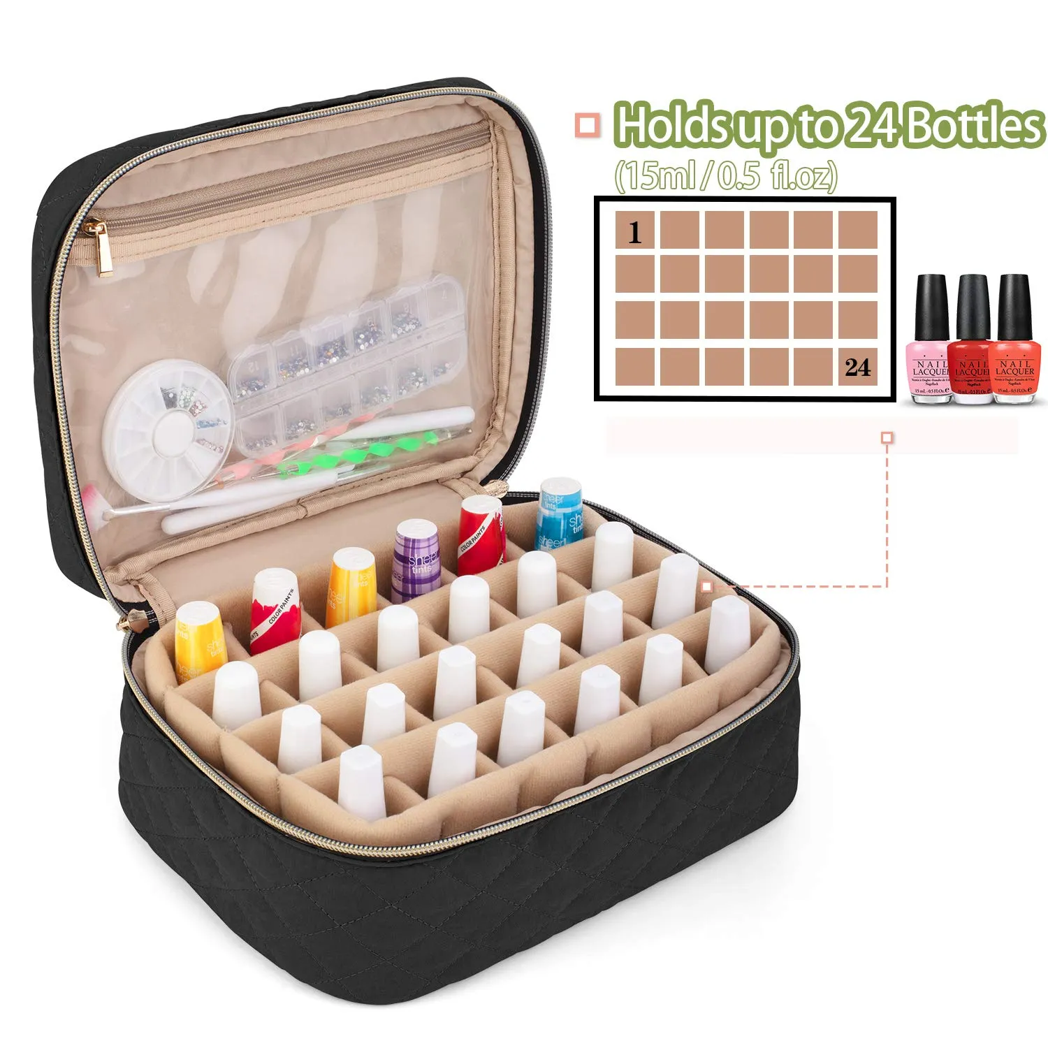 Yarwo Nail Polish Carrying Bag Holds 24 Bottles (15ml/0.5 fl.oz), Travel Storage Organizer for Nail Polish and Manicure Accessories, Black