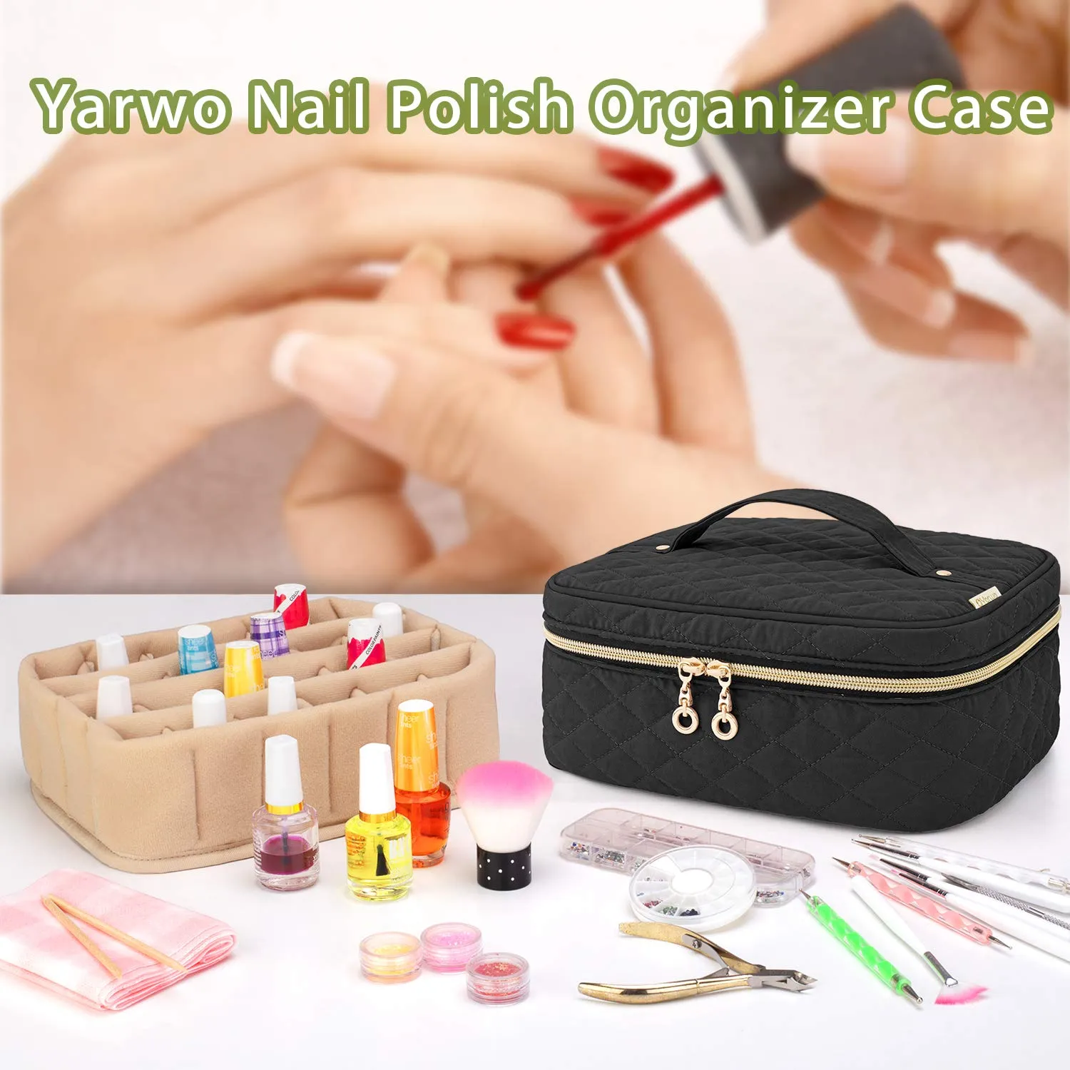 Yarwo Nail Polish Carrying Bag Holds 24 Bottles (15ml/0.5 fl.oz), Travel Storage Organizer for Nail Polish and Manicure Accessories, Black