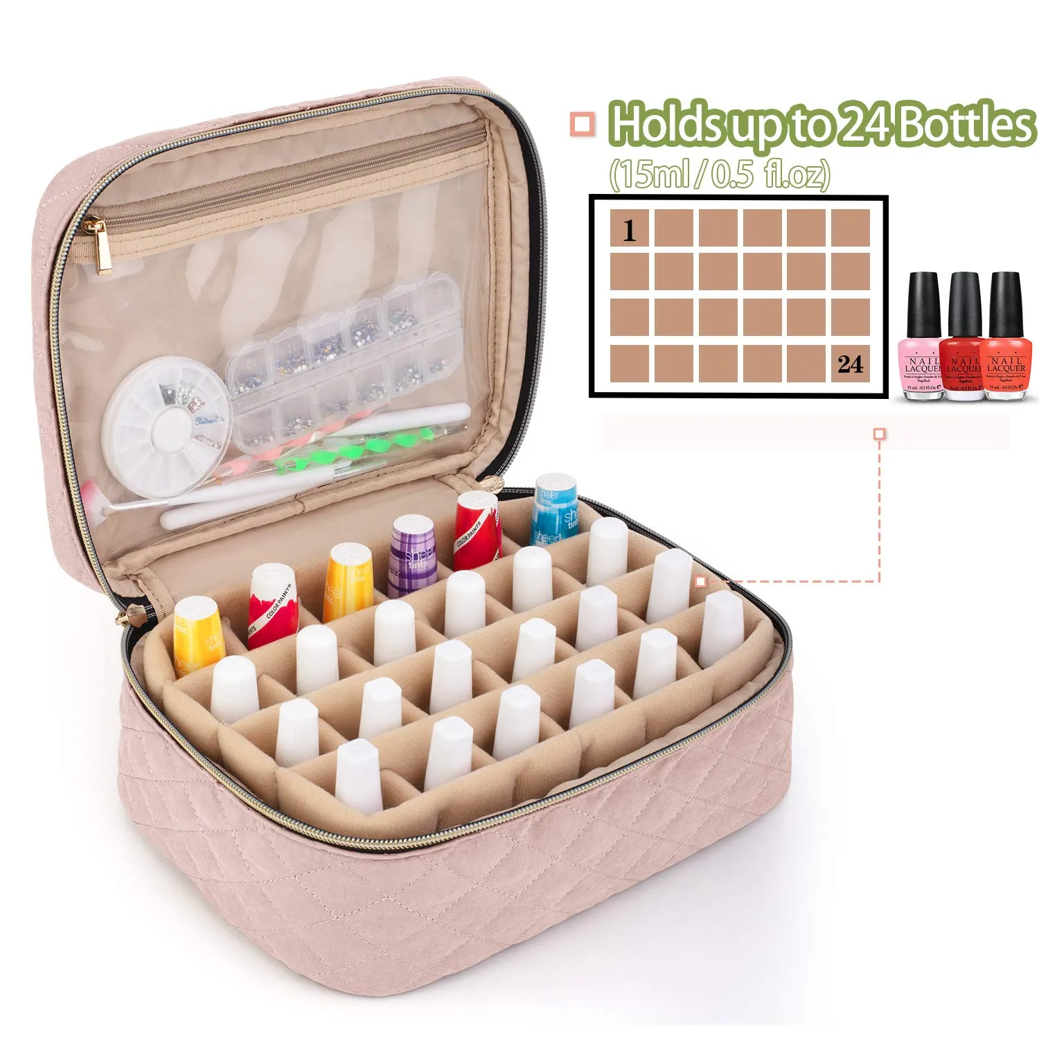 Yarwo Nail Polish Carrying Bag Holds 24 Bottles (15ml/0.5 fl.oz), Travel Storage Organizer for Nail Polish and Manicure Accessories, Dusty Rose (Bag Only)