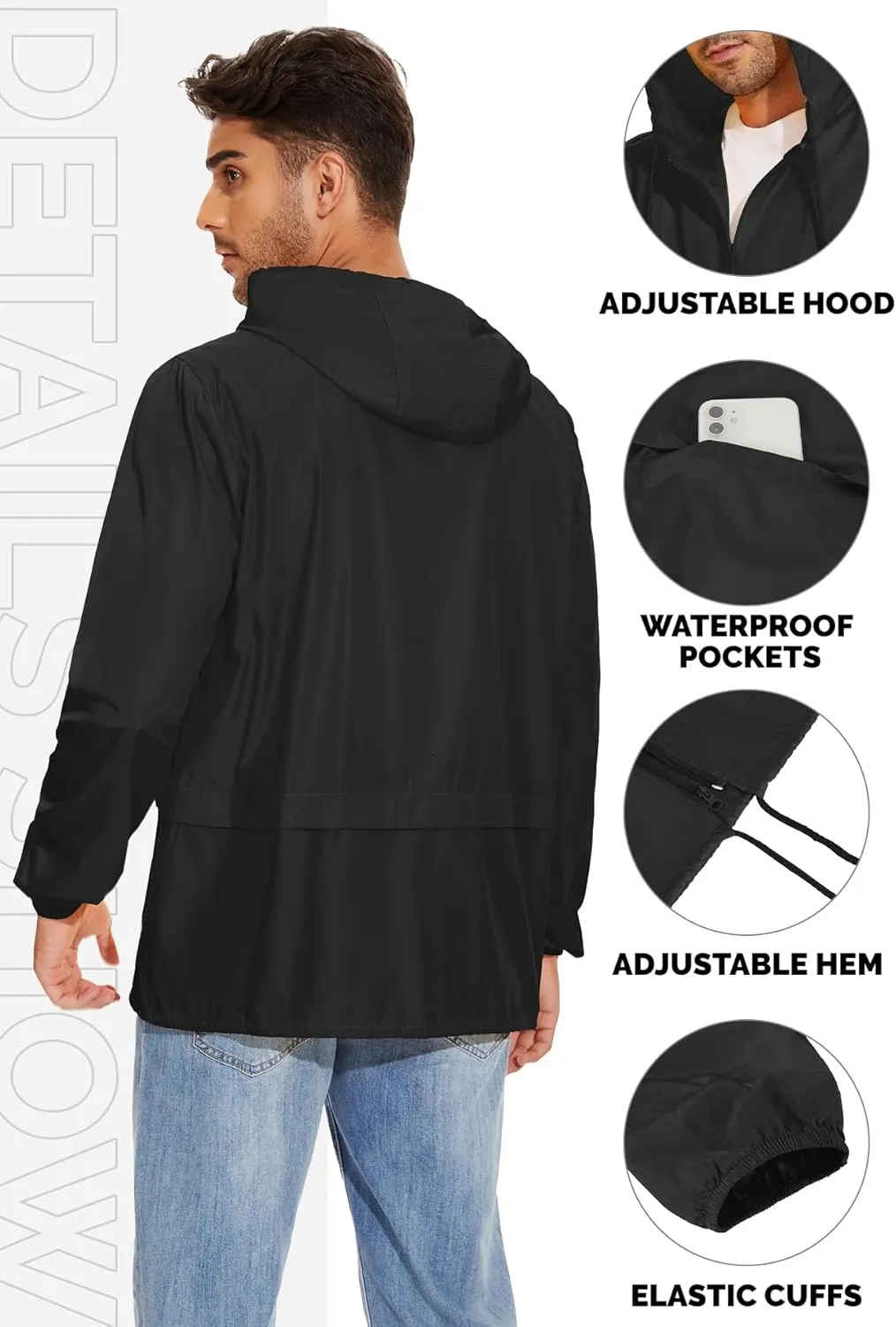 Zando Packable Mens Rain Jacket Lightweight Raincoat Waterproof with Hood Outdoor Windbreaker Jacket Travel Rain Jackets