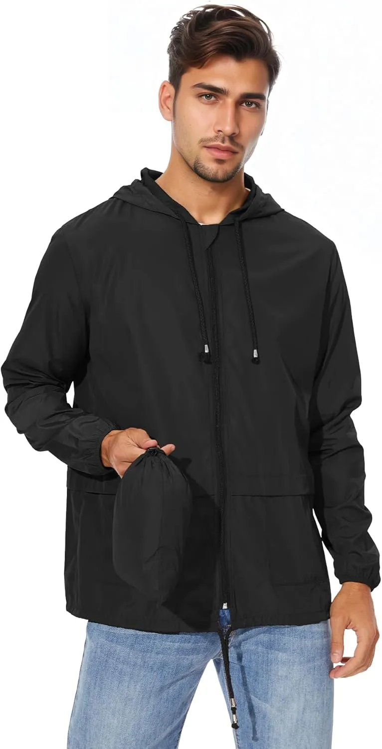 Zando Packable Mens Rain Jacket Lightweight Raincoat Waterproof with Hood Outdoor Windbreaker Jacket Travel Rain Jackets