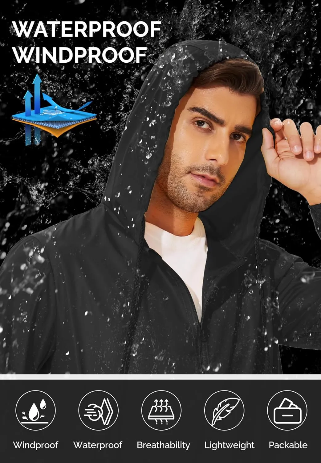 Zando Packable Mens Rain Jacket Lightweight Raincoat Waterproof with Hood Outdoor Windbreaker Jacket Travel Rain Jackets